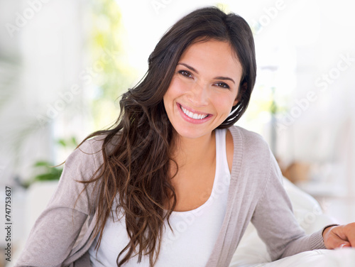 Free Download Portrait, wellness or happy woman on couch to relax in living room on holiday in hotel, house or apartment. Face, sofa or female person with peace, smile or confidence on break to rest for alone time - GFXLoad
