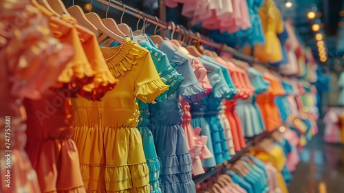 Colorful array of children's jackets neatly displayed in a bright store © sopiangraphics