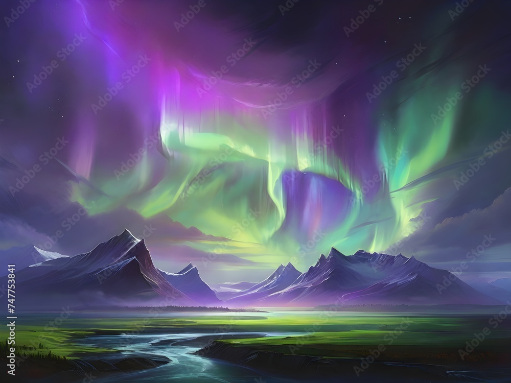 An aurora borealis scene, with vivid greens and purples dancing across the sky above a shadowed landscape Generative AI - obrazy, fototapety, plakaty 