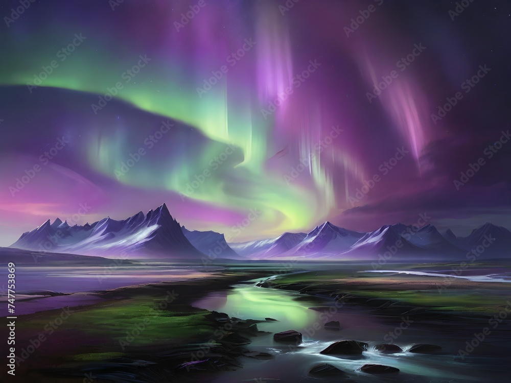 An aurora borealis scene, with vivid greens and purples dancing across the sky above a shadowed landscape Generative AI