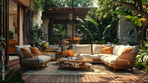 Inviting outdoor lounge set amidst lush greenery for a tranquil retreat in nature photo