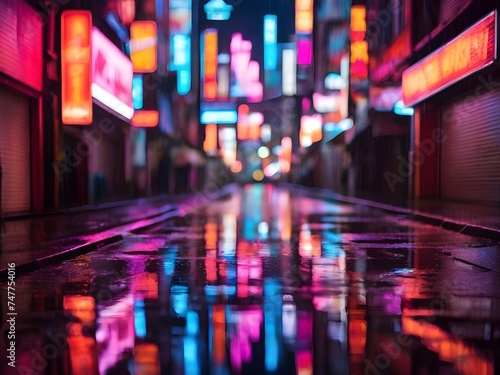 Bright neon signs reflecting on a rain-soaked street at night, creating a kaleidoscope of colors against the darkness Generative AI