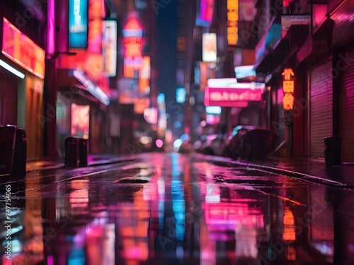 Bright neon signs reflecting on a rain-soaked street at night, creating a kaleidoscope of colors against the darkness Generative AI