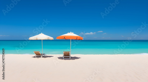 Mesmerizing Aquamarine Seascape: Pristine Beach with Colorful Parasols and Lonely Sailboat © Herman