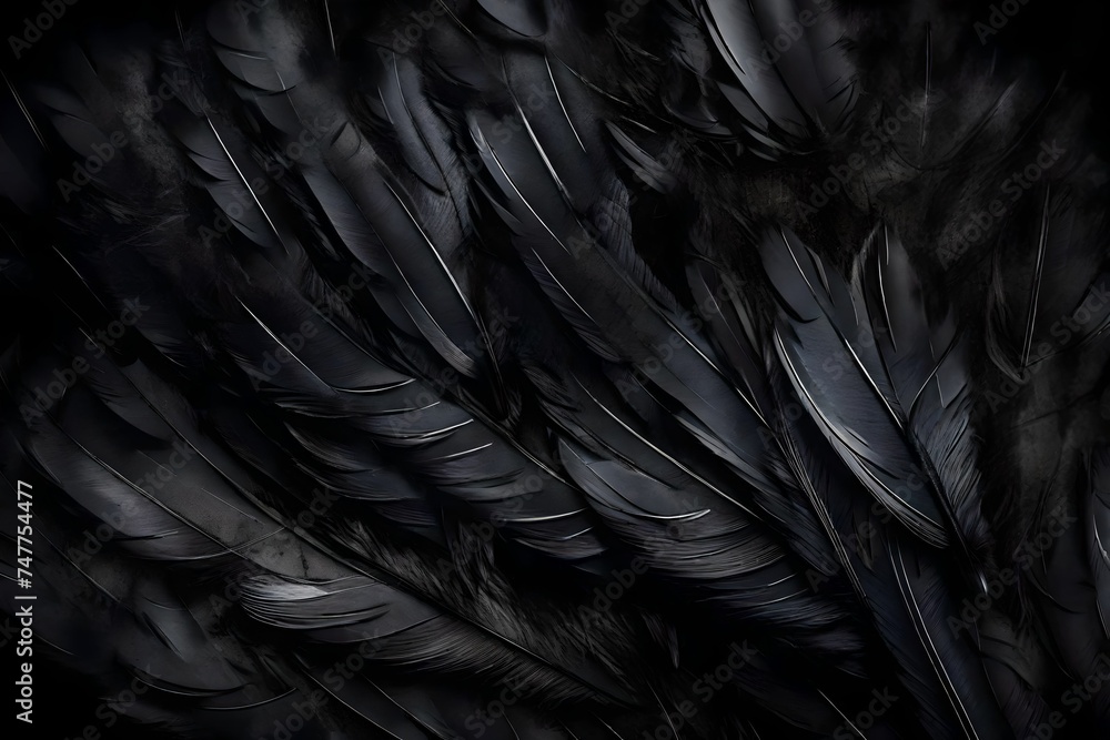 Halloween background with black raven feathers on dark grunge backdrop. Horror gothic abstract design with copyspace. Closeup of bird wing texture
