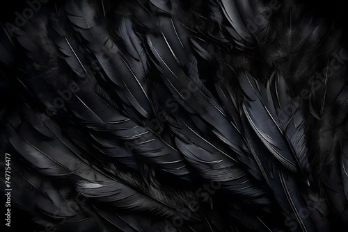 Halloween background with black raven feathers on dark grunge backdrop. Horror gothic abstract design with copyspace. Closeup of bird wing texture © MISHAL