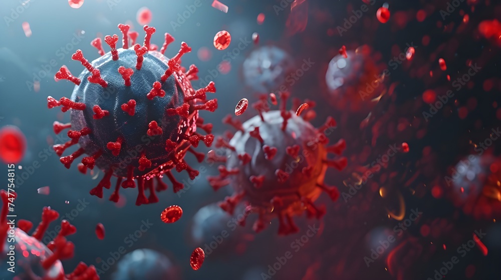 oronavirus surrounded by cells and red blood cells. JN.1 Covid-19 Omicron subvariant virus oronavirus surrounded by cells and red blood cells. JN.1 Covid-19 Omicron subvariant virus