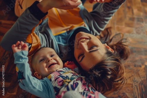 Madre sonriente acostada en el suelo con su bebé alegre, disfrutando de un momento íntimo y juguetón en un ambiente hogareño
