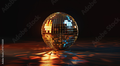a golden disco ball on a dark background with glow lights