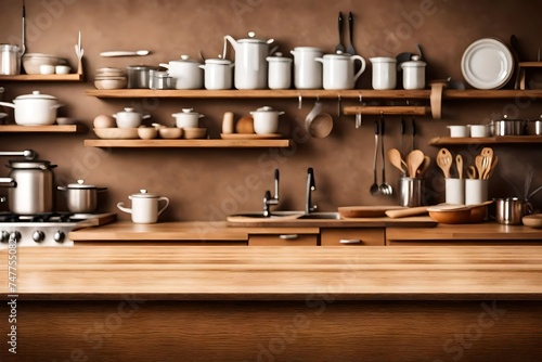 Brown tabletop with copyspace over blurred kitchen shelves with utensils