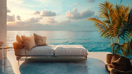 Coastal balcony retreat with a wicker sofa and plush cushions overlooking the serene ocean © sopiangraphics