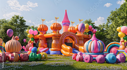 bouncing castles and colorful balloons in the grass photo