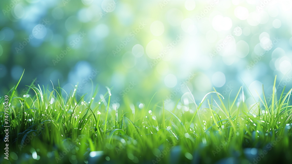 A close-up of a green grass field bathed in spring sunlight with a bokeh background. Beautiful sunny spring meadow. Spring background. Copy space. Generative AI