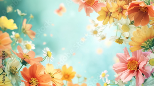 Gorgeous and colorful spring flower frame on sky blue bokeh background. Copy space. Generative AI