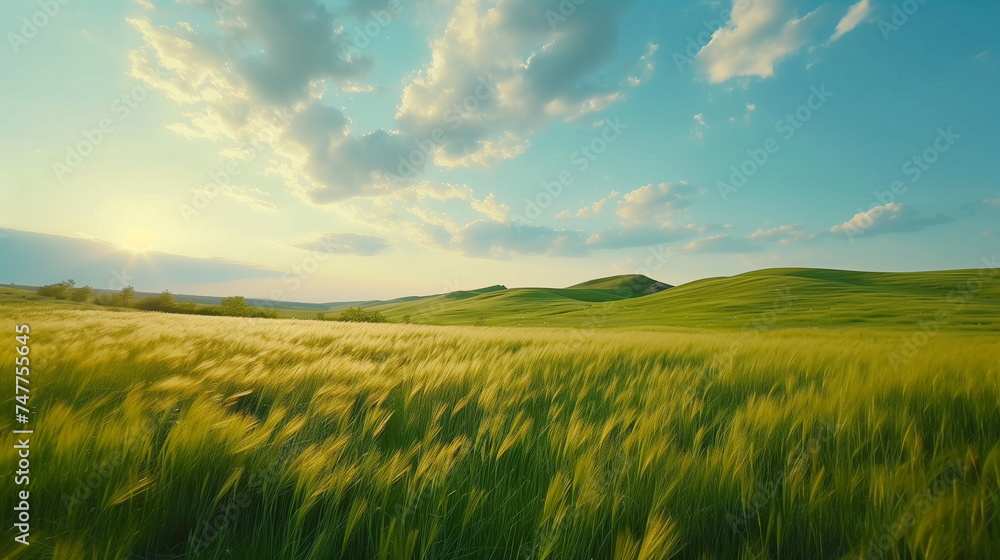 Green hills under a blue sky full of clouds. Green meadows, fields, green reed forests. Summer or spring background. Generative AI