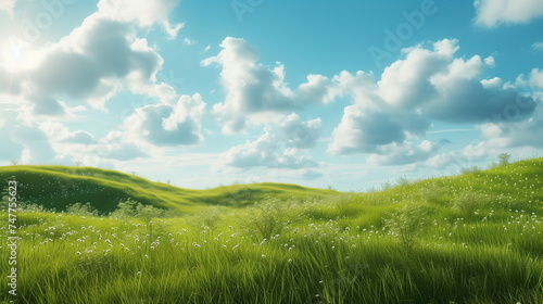 Green hills covered with lush green grass under a blue sky full of clouds. Green meadows  fields. Summer or spring background. Generative AI