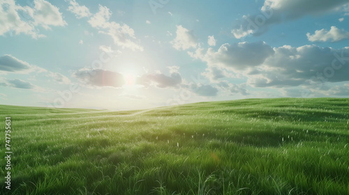 Green hills covered with lush green grass under a blue sky full of clouds. Green meadows, fields. Summer or spring background. Generative AI #747755631