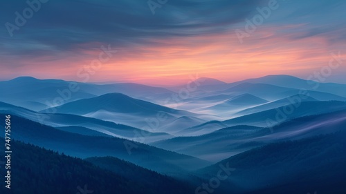 Dawn's embrace over serene mountain range with sky awash in pink and blue hues.