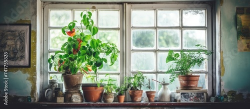 Several potted plants are arranged on top of a window sill in an old traditional setting, creating a cluttered yet cozy home decor.