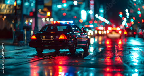 police car lights at night in city street with selective focus and bokeh © lucky pics