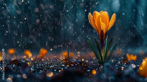 Dew-kissed golden crocus flower standing proud amid raindrops and bokeh lights