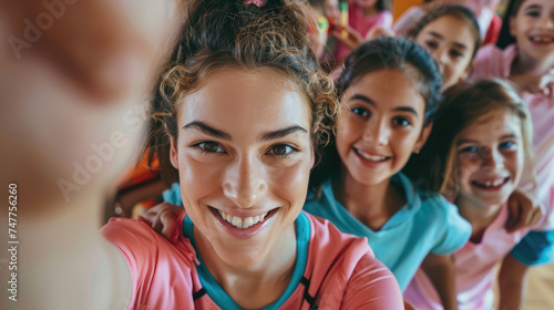 Happy PE teacher and school kids taking selfie during exercise class