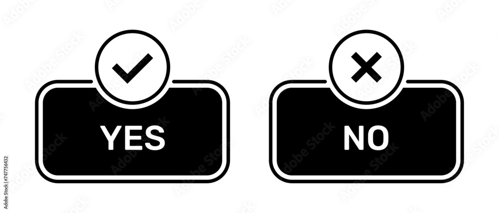 Yes and No buttons with right and wrong symbols black color. Check box icon with right and wrong symbols with yes or no button icons in black box. Yes and no symbol isolated on white background. Yes and No buttons with right and wrong symbols black color. Check box icon with right and wrong symbols with yes or no button icons in black box. Yes and no symbol isolated on white background.