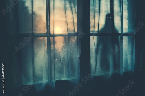Chilling scene of a blurred ghost silhouette in a bedroom window Creating an eerie atmosphere perfect for horror stories or halloween themes