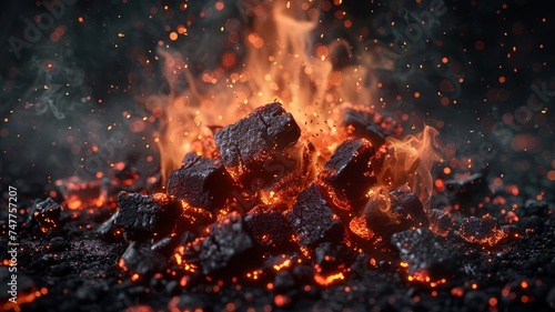 Intense warmth of charcoal briquettes burning with fierce orange flames photo