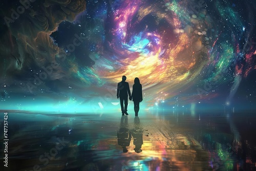 Couple silhouetted against a mystical cosmic backdrop Exploring themes of love Connection And the vastness of the universe. photo