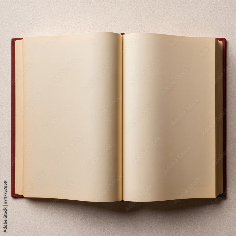 An open blank book with cream-colored pages and a reddish-brown spine lies on a neutral surface, ready for notes or illustrations, inviting creativity and new ideas. An open blank book with cream-colored pages and a reddish-brown spine lies on a neutral surface, ready for notes or illustrations, inviting creativity and new ideas.