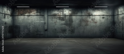 An empty parking garage devoid of any people, with dark concrete walls covered in rust. The architecture of the structure adds to the grungy background of the scene.