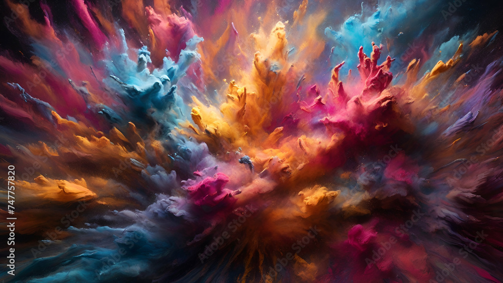 A vibrant explosion of colorful dust, swirling and dancing in the air