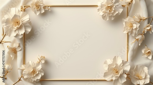 White flower frame on a light beige background with copy space.