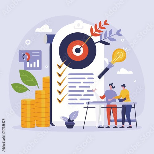 2d vector illustration colorful business , Achieving the goal among many goals with the best proposal and the best results