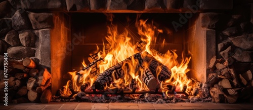 A closeup view of a stone fireplace with flames burning brightly within. The fire crackles and dances, casting a warm glow in the dimly lit room.