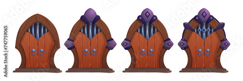 Medieval castle or dungeon double wooden door in form of arch with different stages of decoration, iron handle and grating for game ui level rank concept. Cartoon vector set of wood ancient gate.