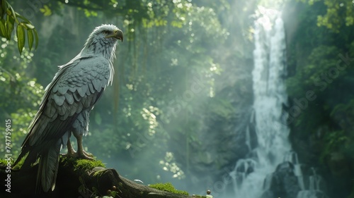 Majestic white eagle perched in a lush forest  embodying the strength and freedom of the wild avian predator.
