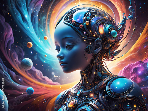 Cyborg woman in space with planets and stars background