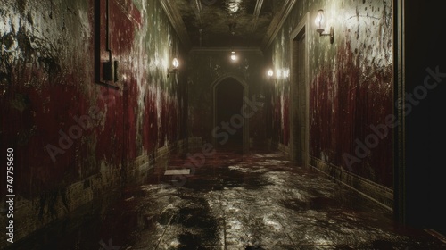 Dark corridor. Mystical interior of dark empty corridor  tunnel in an abandoned house. Dark mysterious corridor. The interior of an abandoned house  road to hell.