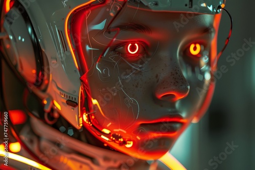 face of female humanoid android Artificial Intelligence mechanical robot be creative Have an understanding of orders It has the most advanced operating system Robot innovations future cyber punk tone © Sittipol 