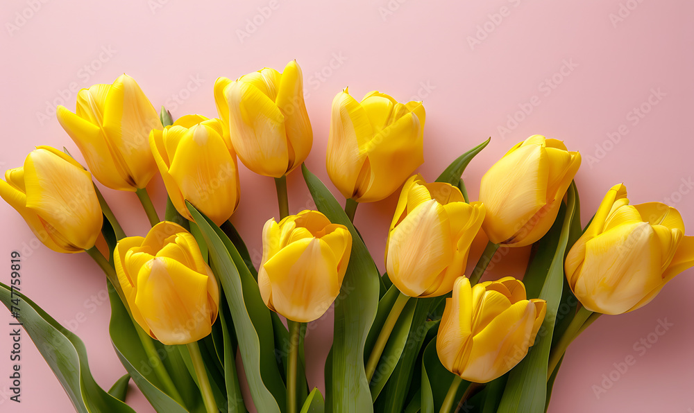 Fresh yellow tulips on pastel menthe light pink background.Generative AI Fresh yellow tulips on pastel menthe light pink background.Generative AI