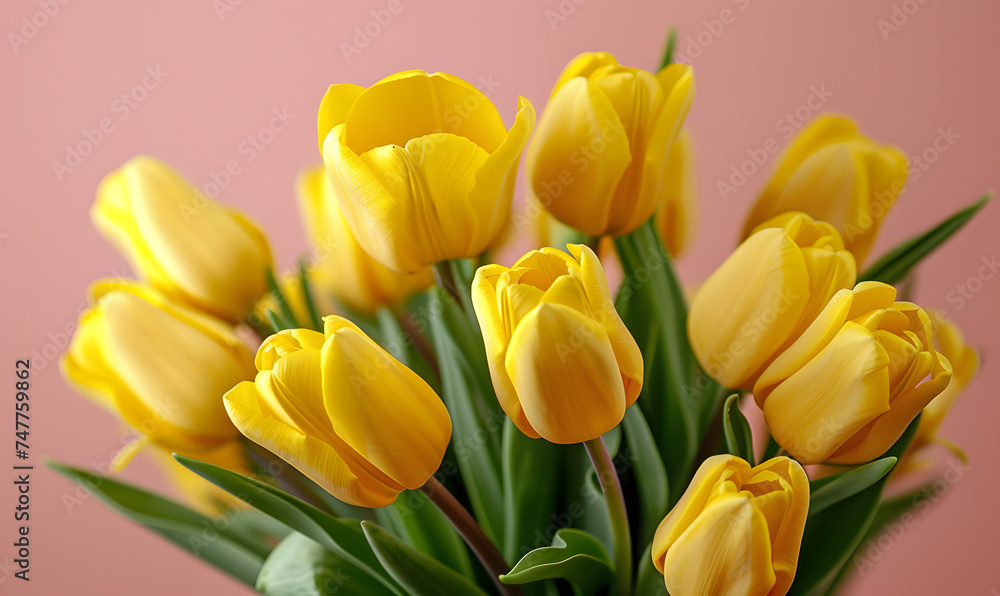 Fresh yellow tulips on pastel menthe light pink background.Generative AI