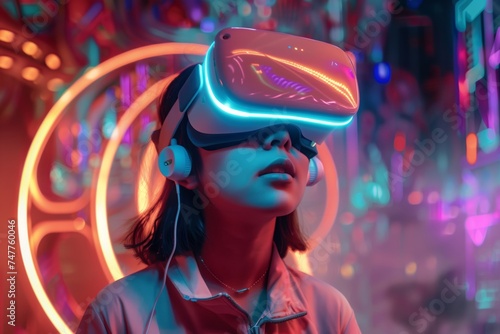 Teenage girl with VR headset exploring the metaverse photo