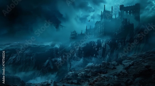 A gothic castle perched atop a craggy mountain is enveloped in a tempest, with turbulent clouds swirling above this dark, fantastical fortress. photo