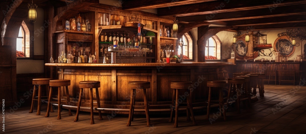 An empty bar with dim lighting, featuring wooden stools and an old barrel interior. The pub counter is visible but unattended by bartenders.