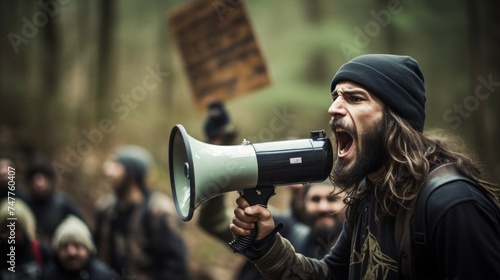 Activist protesting with megaphone during strike with group of demonstrators in solidarity