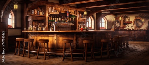 An empty bar with dim lighting  featuring wooden stools and an old barrel interior. The pub counter is visible but unattended by bartenders.