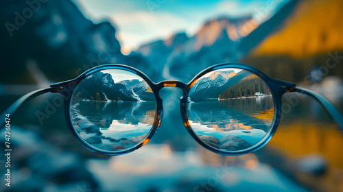 A Glasses in Front Of Hills Mountains, Hills and Mountains Background, Generative Ai