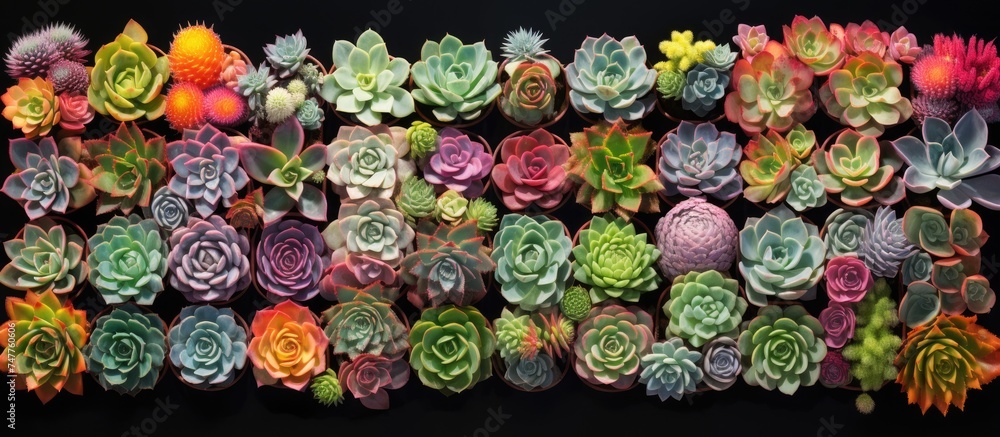 A variety of succulents are grouped together on a black background, creating a striking contrast between the vibrant green colors of the plants and the dark backdrop.